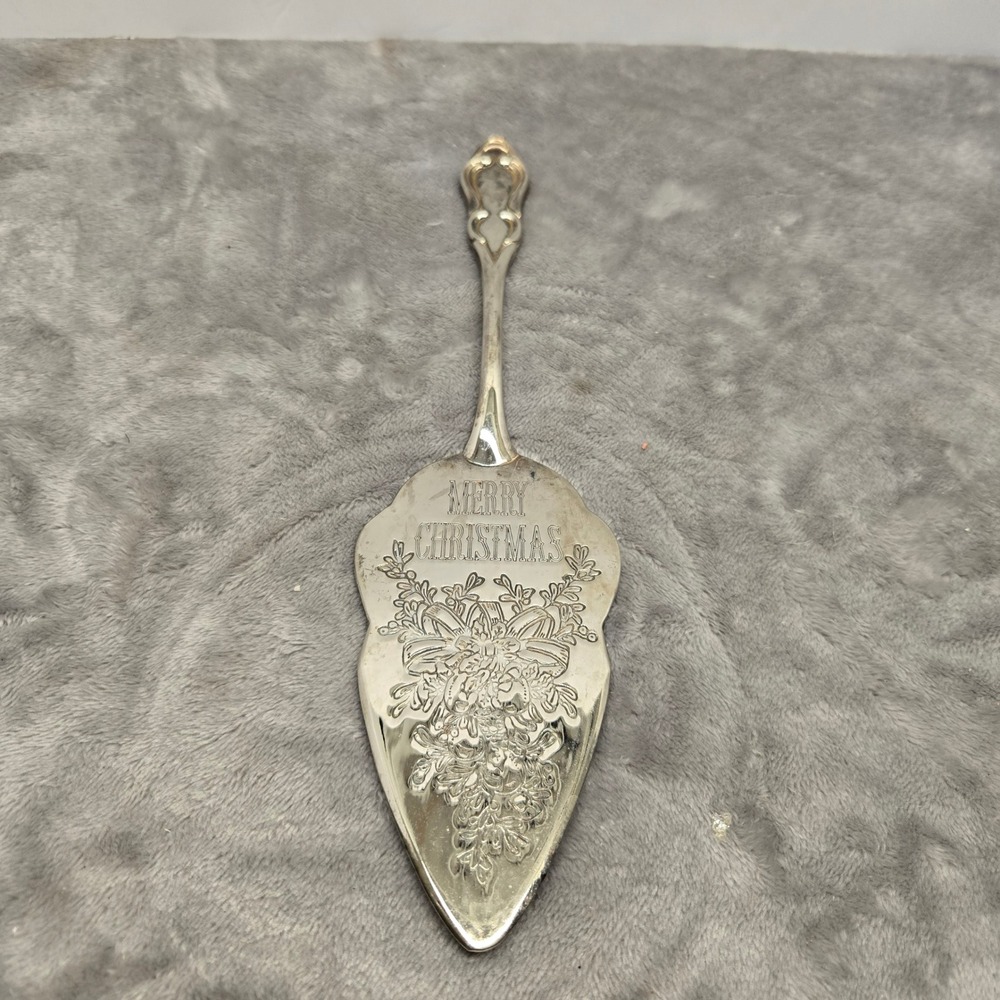 Merry Christmas Silver Plated Cake Pie Server Holiday Floral‎ Engraved 10 Inch